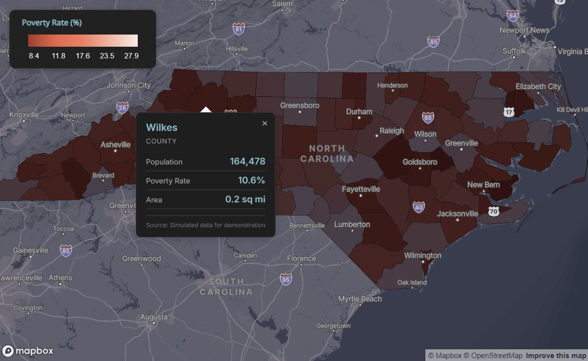 Dark theme map with coral color scale, styled legend, and dark popup