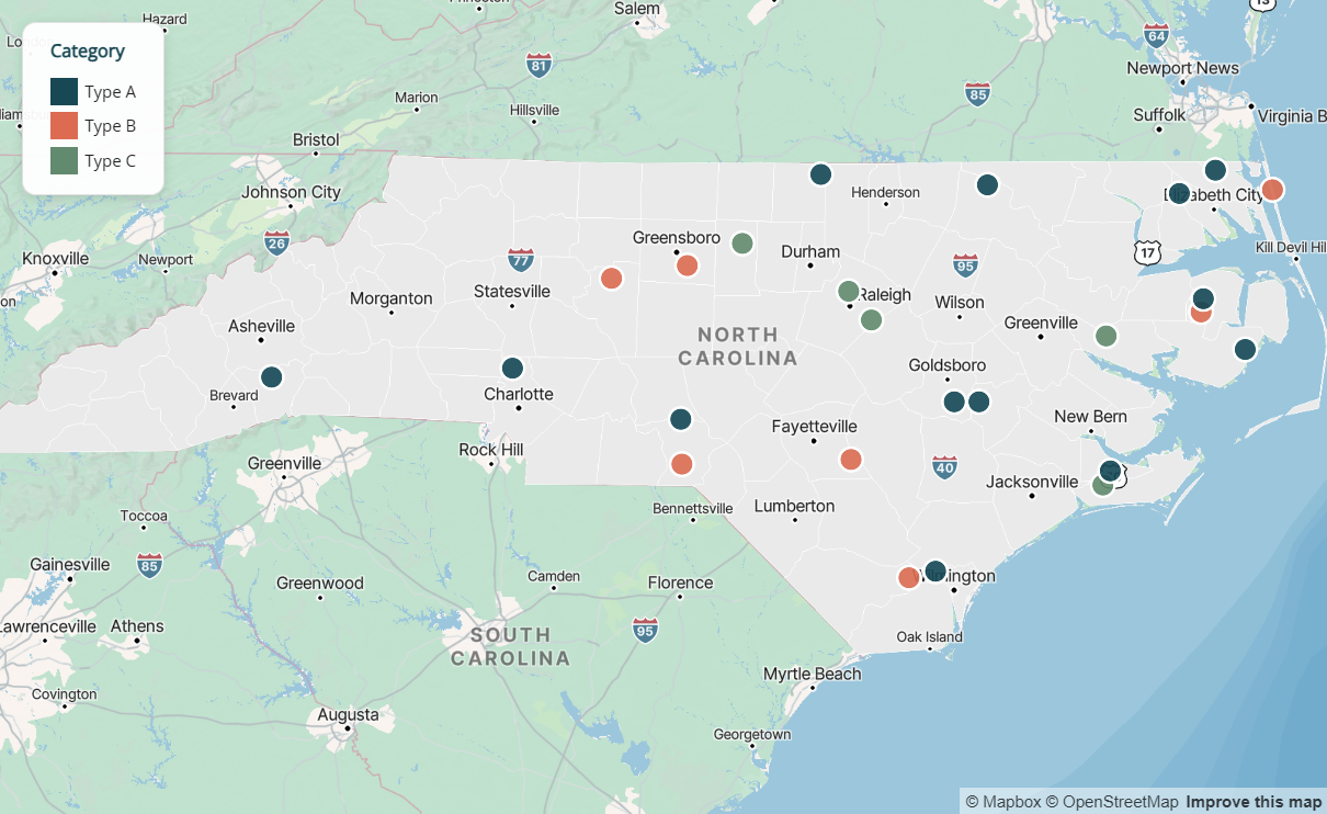 Point map with points colored by category using CPAL colors