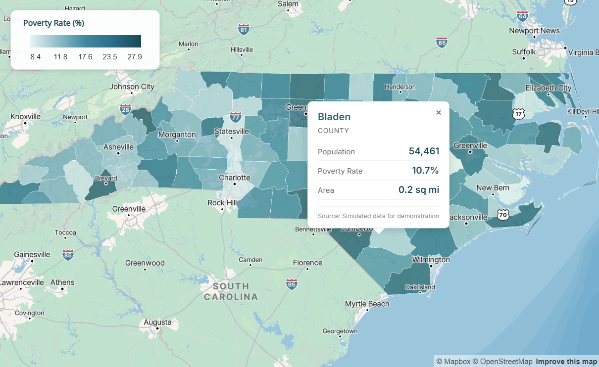 Choropleth map with styled popup displaying key metrics